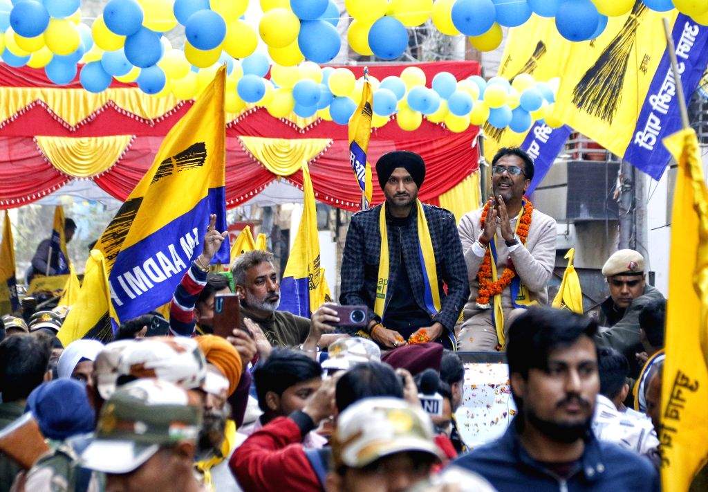 Former Indian cricketer and AAP Rajya Sabha MP Harbhajan Singh leads a ...