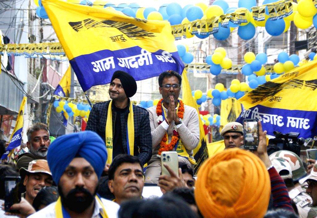 Former Indian cricketer and AAP Rajya Sabha MP Harbhajan Singh leads a ...