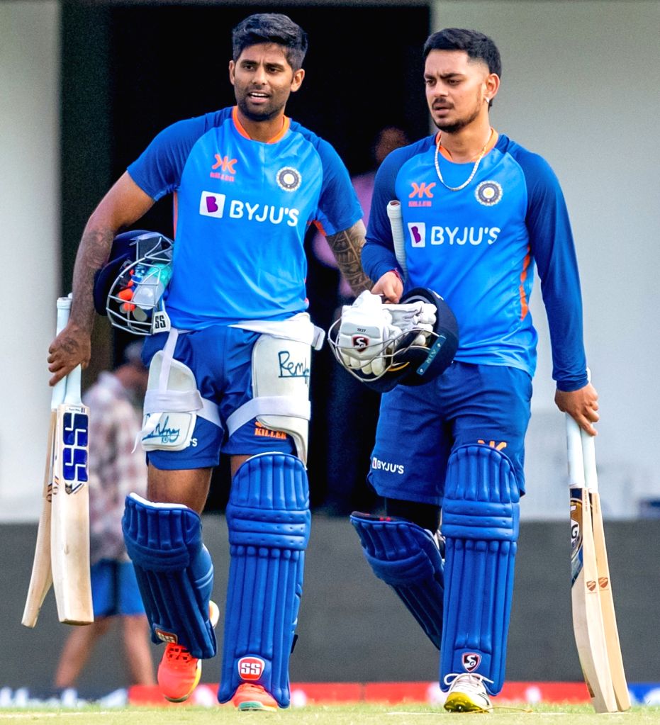 India's Suryakumar Yadav and Ishan Kishan during the practice session