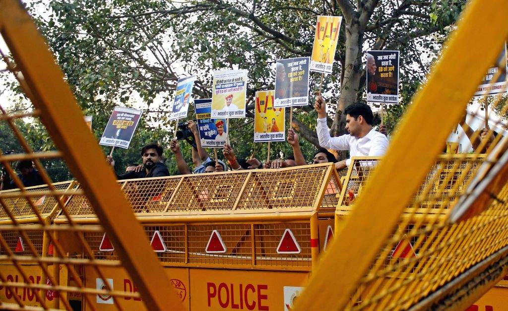 Indian Youth Congress workers stage a protest after the Enforcement ...