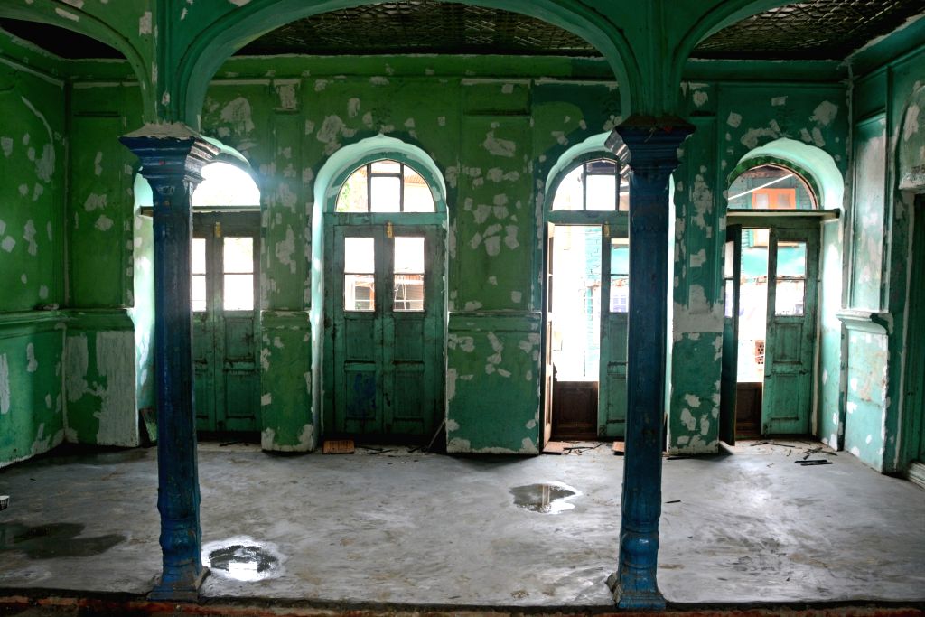 Interior view of the building where restoration work is going on. Also ...
