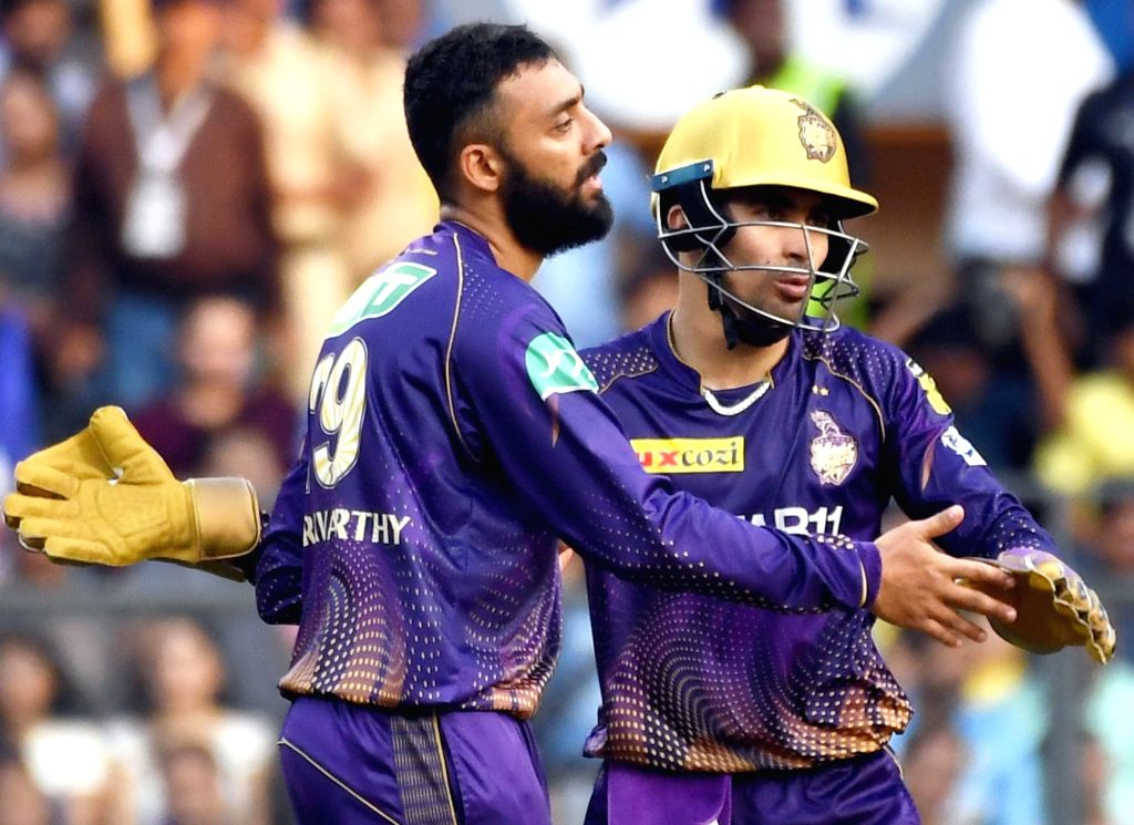 Mumbai Kkr Bowler Varun Chakaravarthy With Teammate Rahmanullah