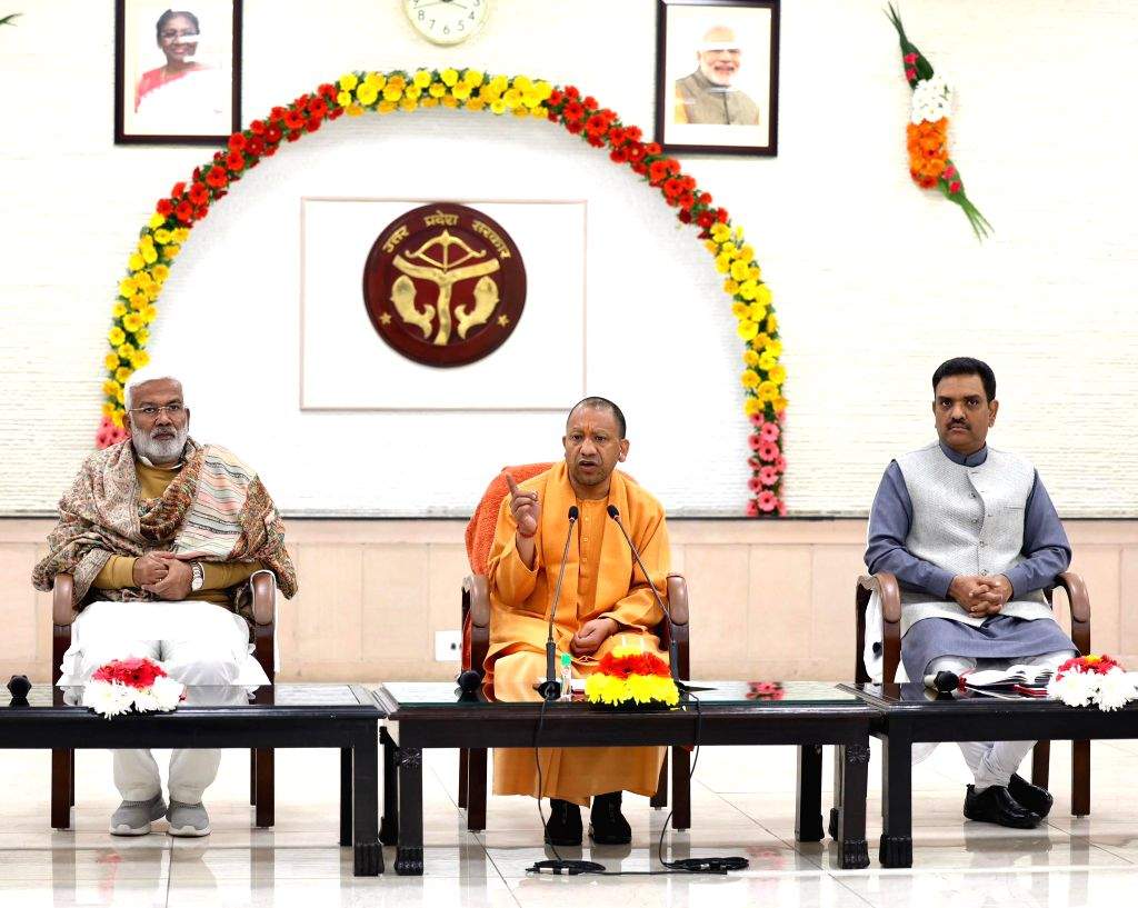 Uttar Pradesh Chief Minister Yogi Adityanath addresses a press conference