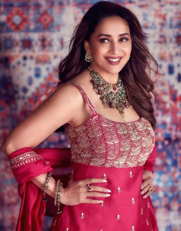 madhuri dixit fame game red dress Madhuri Dixit in The Fame Game, designed by Anamika Khanna (credit: Sri Rao on IG) : r/BollywoodFashion