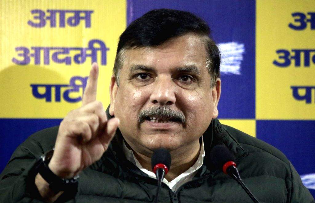 Aam Aadmi Party Rajya Sabha MP Sanjay Singh addresses a press conference