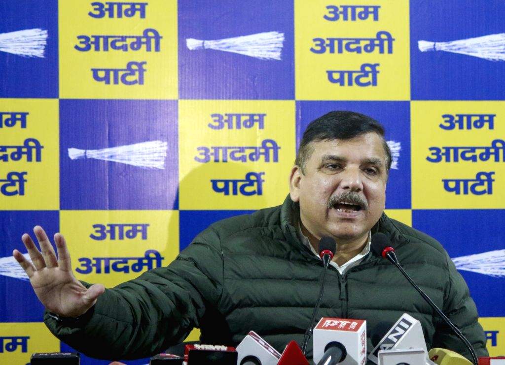 Aam Aadmi Party Rajya Sabha MP Sanjay Singh addresses a press conference