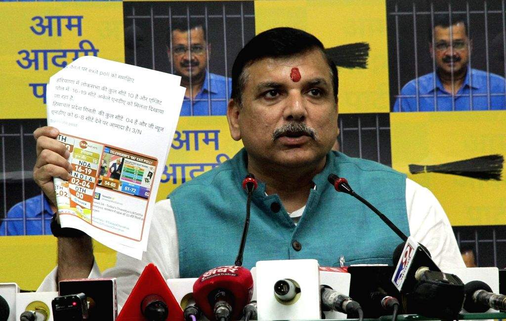 AAP leader Sanjay Singh addresses a press conference at party office