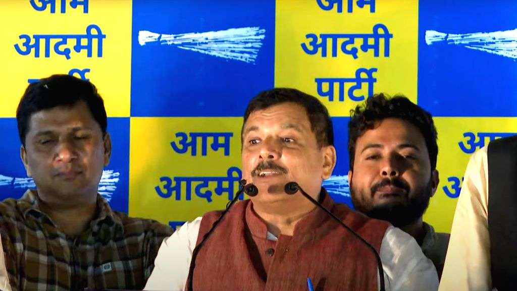 New Delhi : AAP MP Sanjay Singh addresses party workers