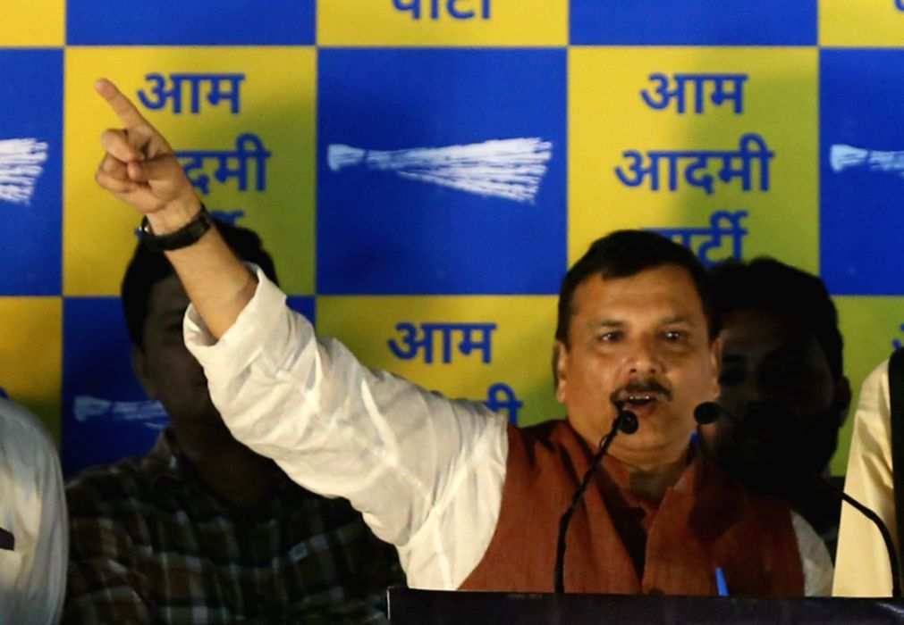 New Delhi : AAP MP Sanjay Singh addresses party workers