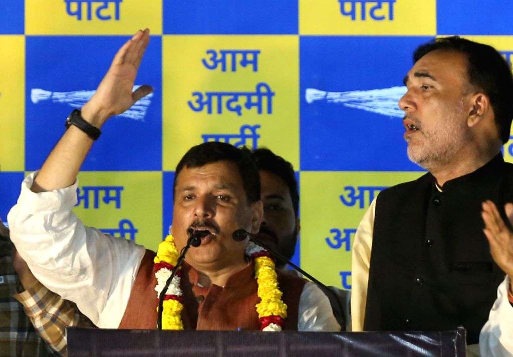 New Delhi : AAP MP Sanjay Singh addresses party workers
