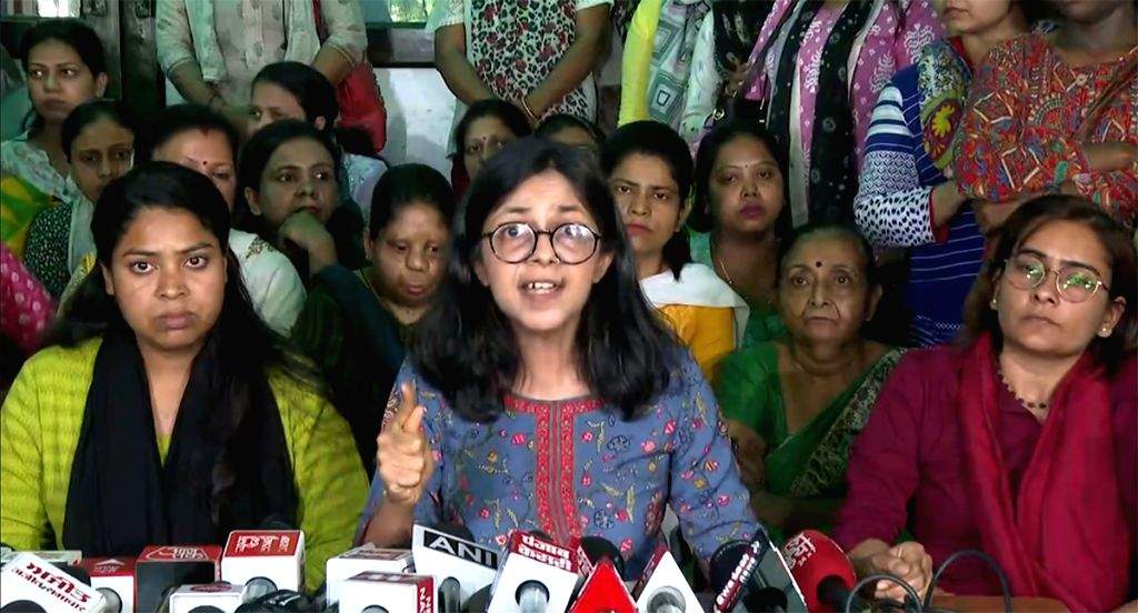 AAP Rajya Sabha MP and former DCW President Swati Maliwal addresses a ...