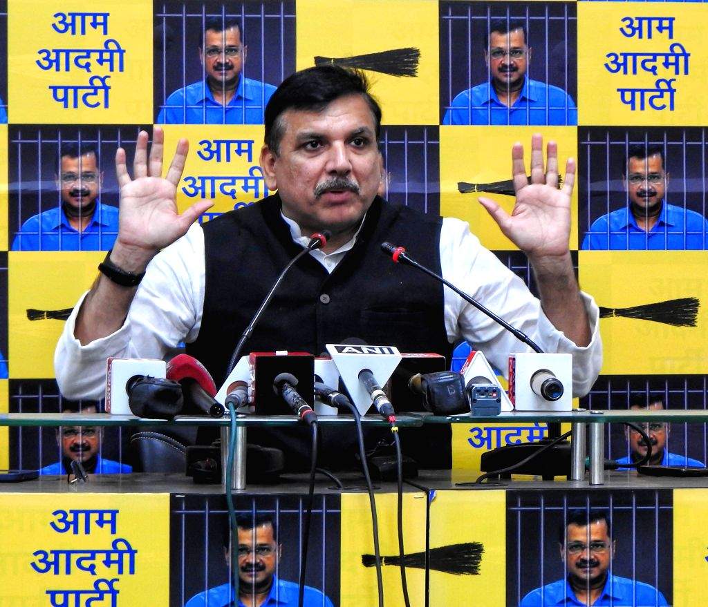 New Delhi : AAP Rajya Sabha MP Sanjay Singh addresses a press conference