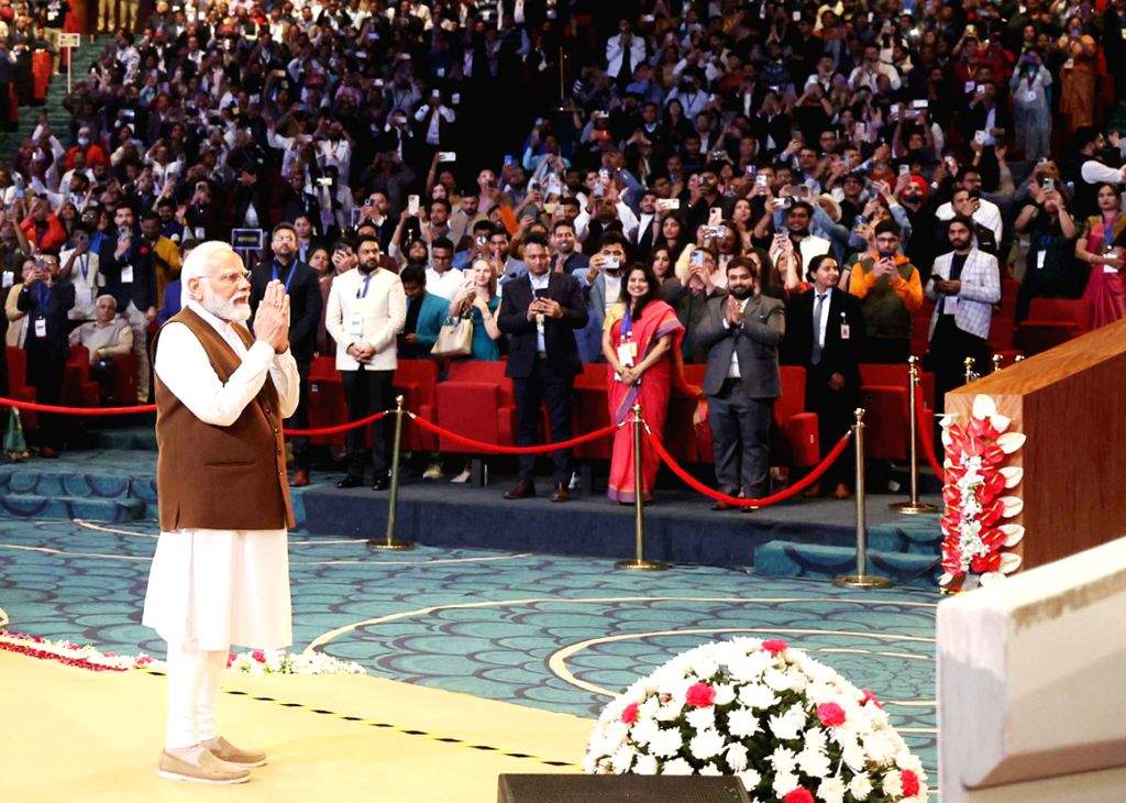 Wave Fi Modi Prime Minister Narendra Modi waves at gathering during the National ...
