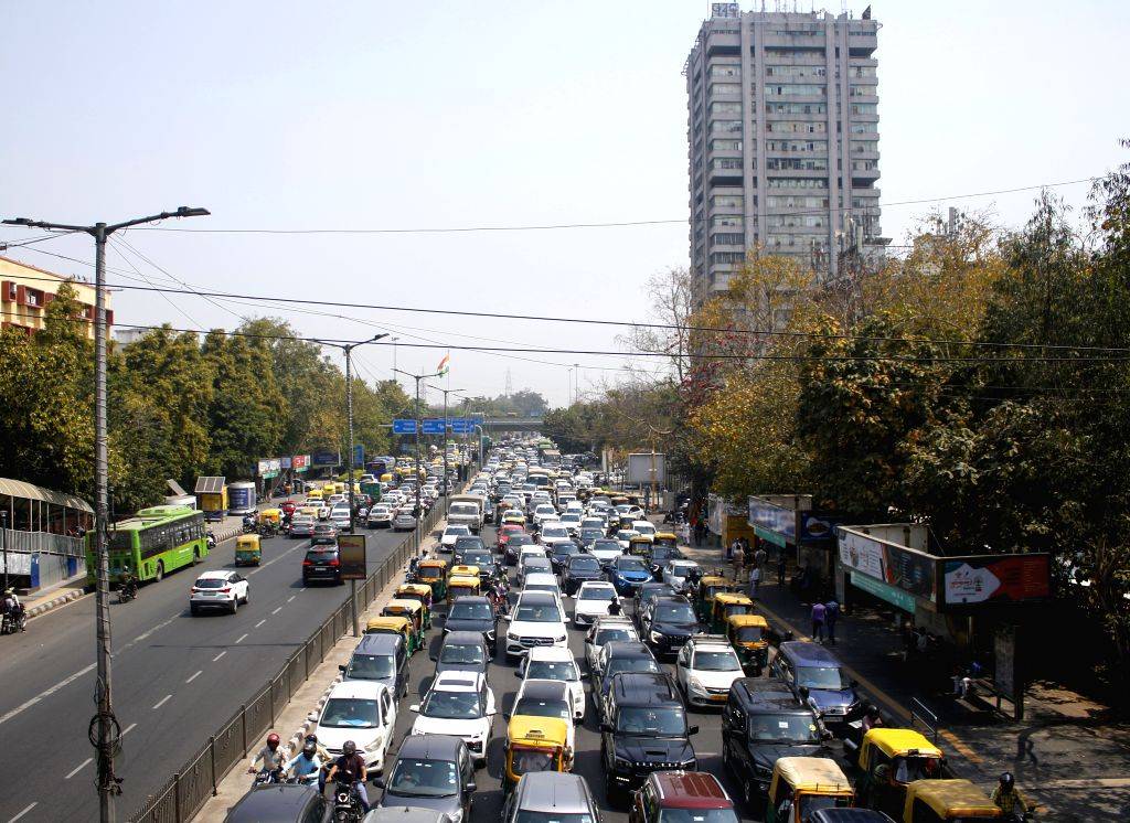 Vehicles stuck in a traffic jam at the ITO bridge due to a diversion