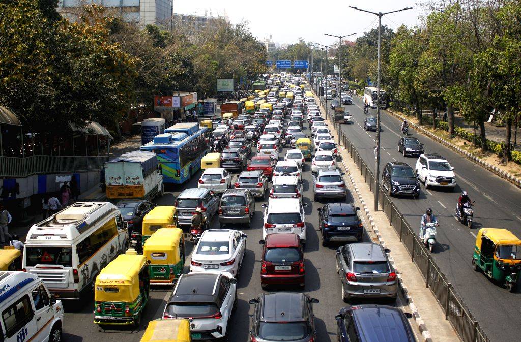 Vehicles stuck in a traffic jam at the ITO bridge due to a diversion