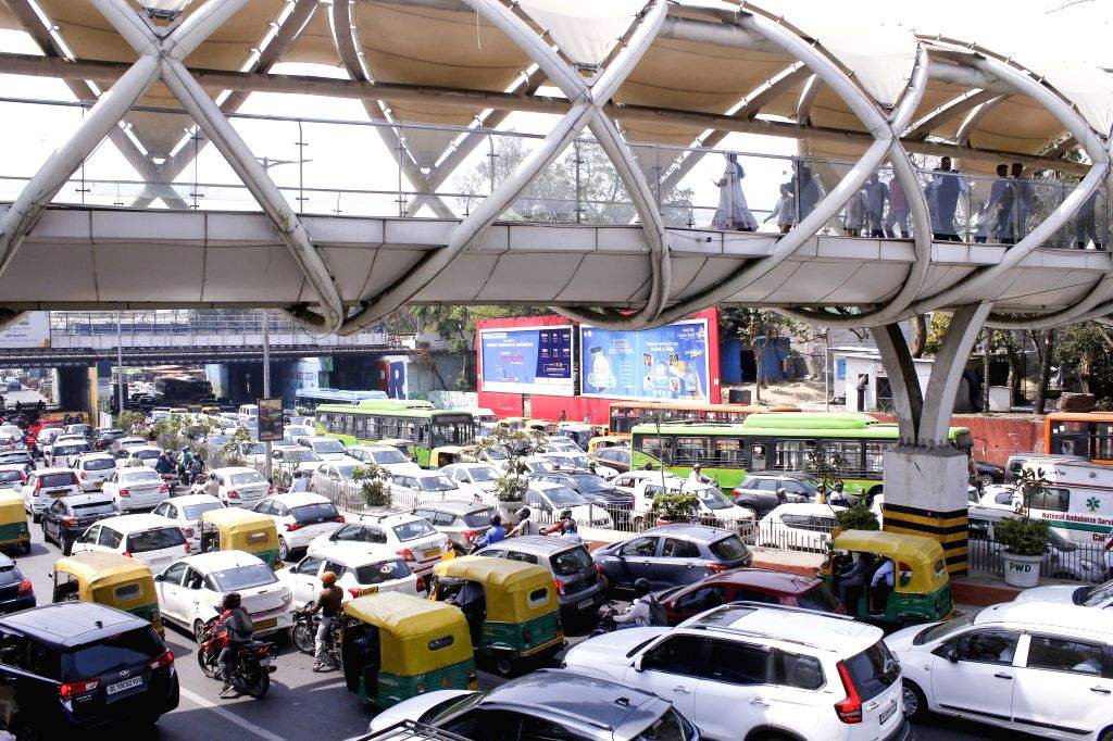 Vehicles stuck in a traffic jam at the ITO bridge due to a diversion