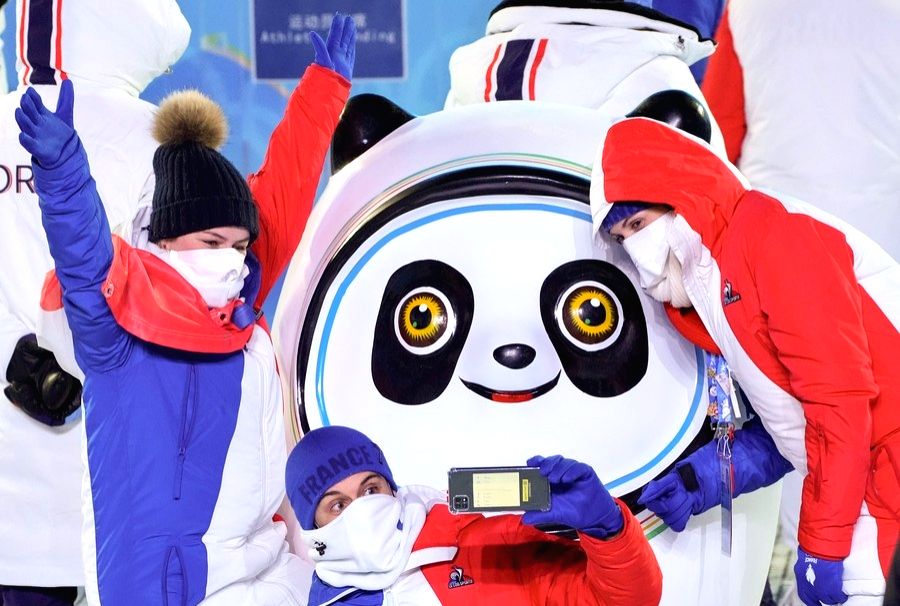 Beijing People Take A Selfie With Bing Dwen Dwen Mascot Of Beijing 