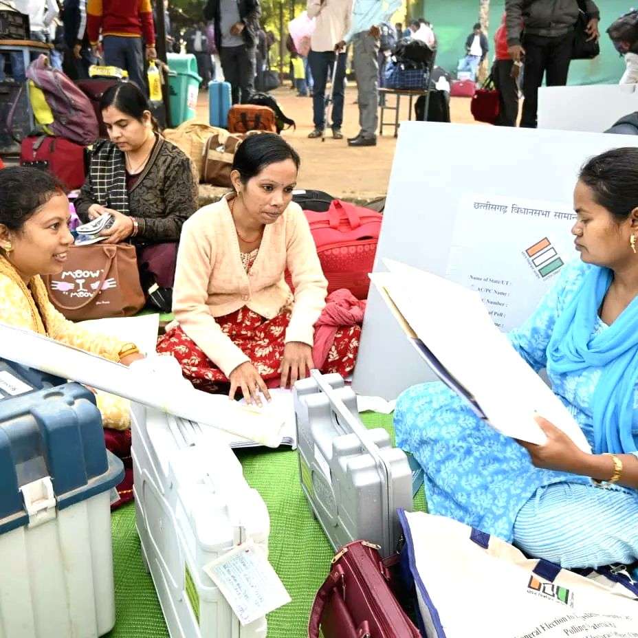 Poll Material Polling officials with EVMs and other election material leave for poll duty