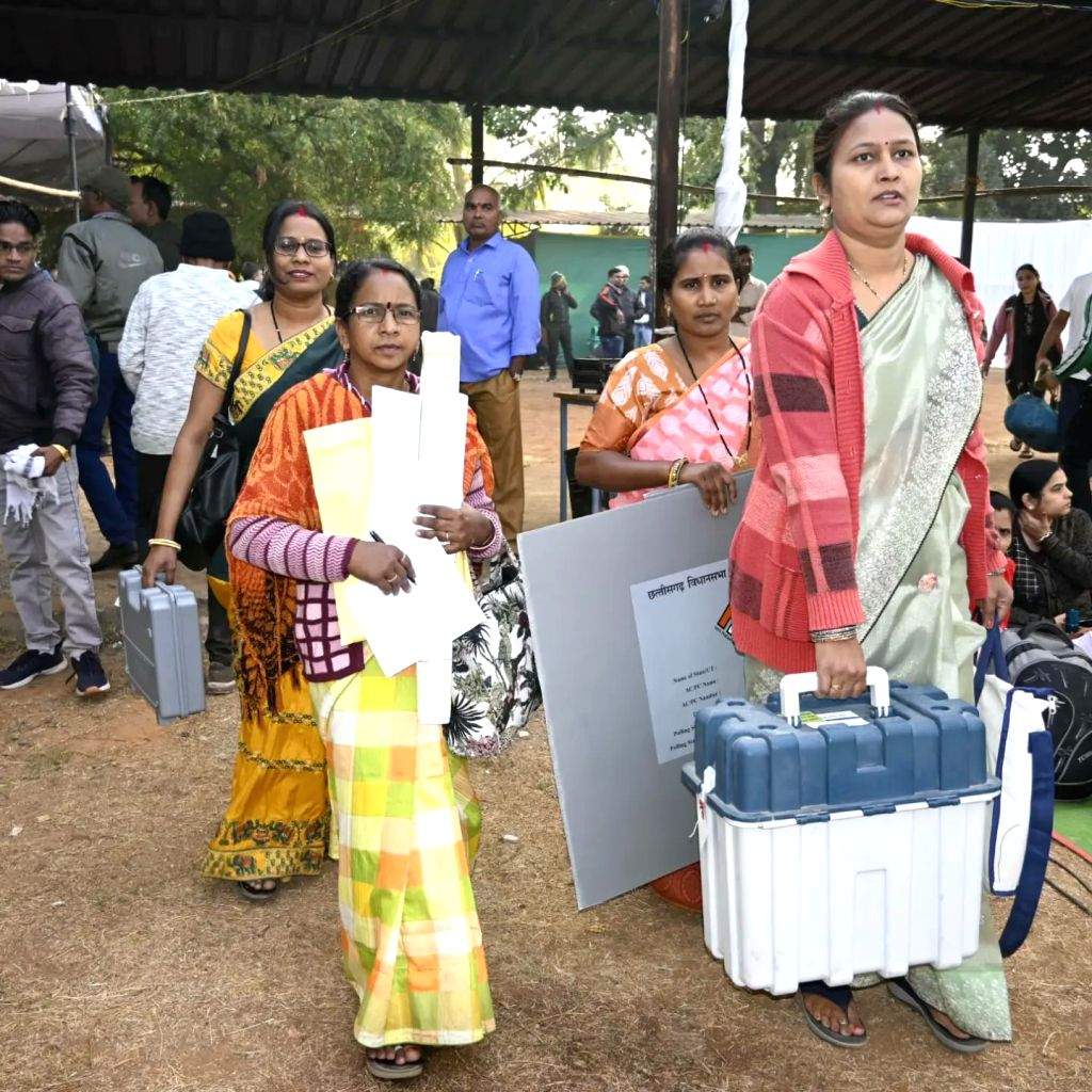 Poll Material Polling officials with EVMs and other election material leave for poll duty
