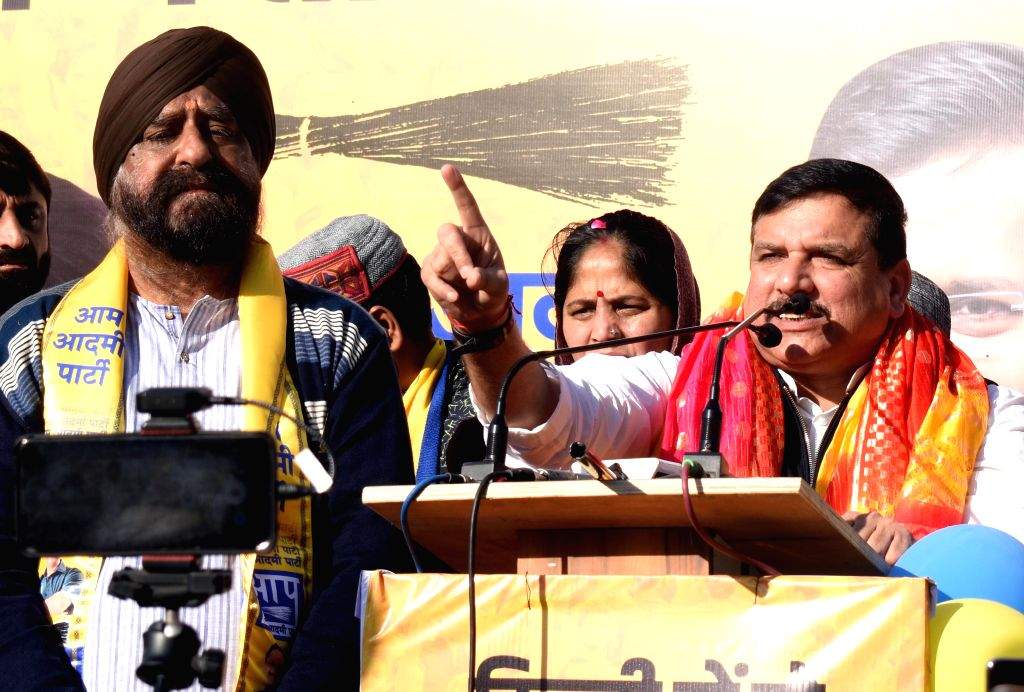 Rajya Sabha MP and AAP leader Sanjay Azad addresses a large public ...