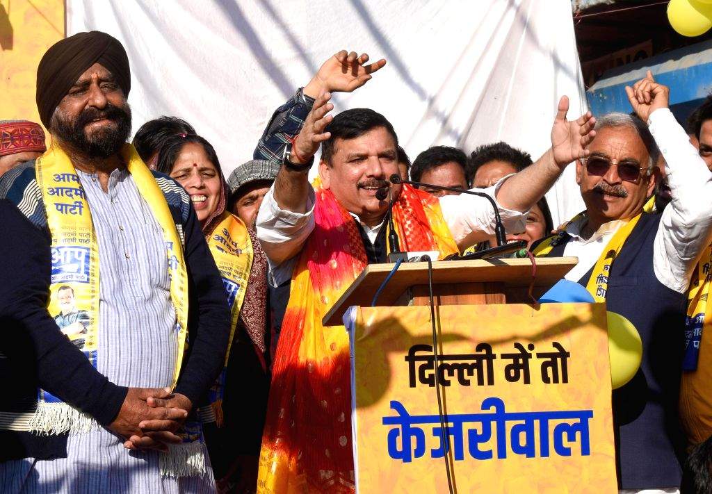 Rajya Sabha MP and AAP leader Sanjay Azad addresses a large public ...