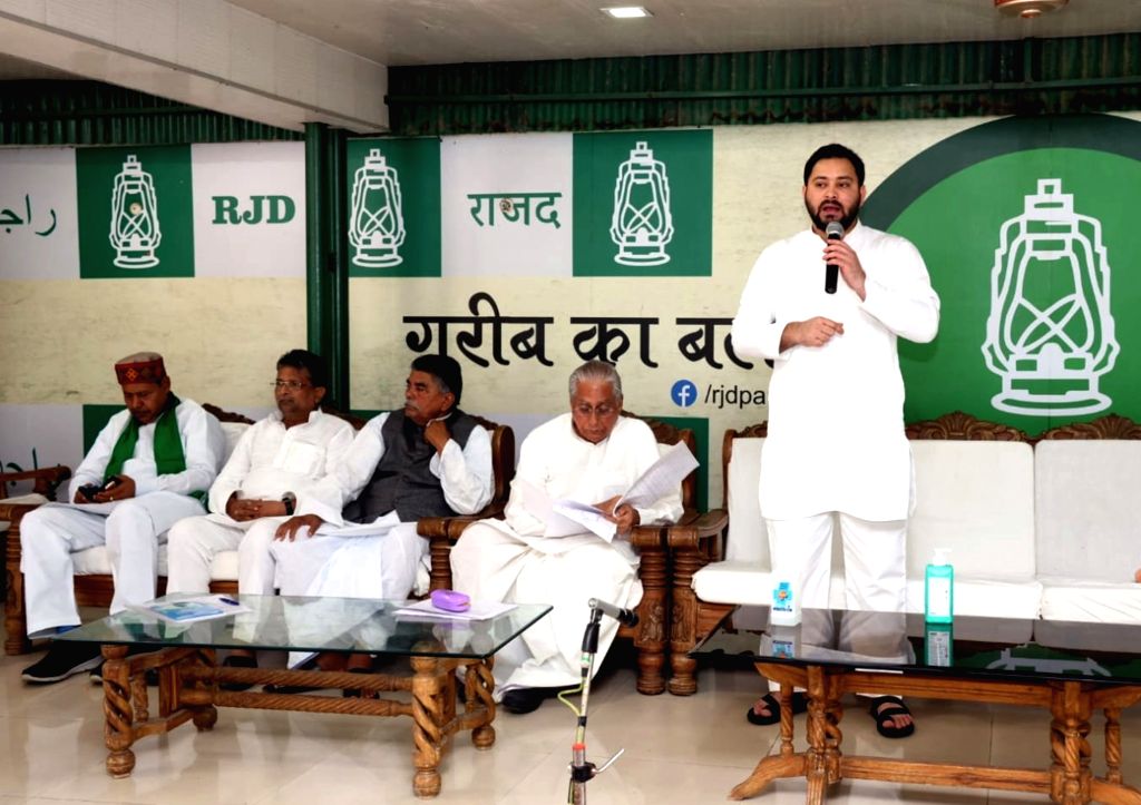 Rashtriya Janata Dal leader Tejashwi Prasad Yadav addresses party