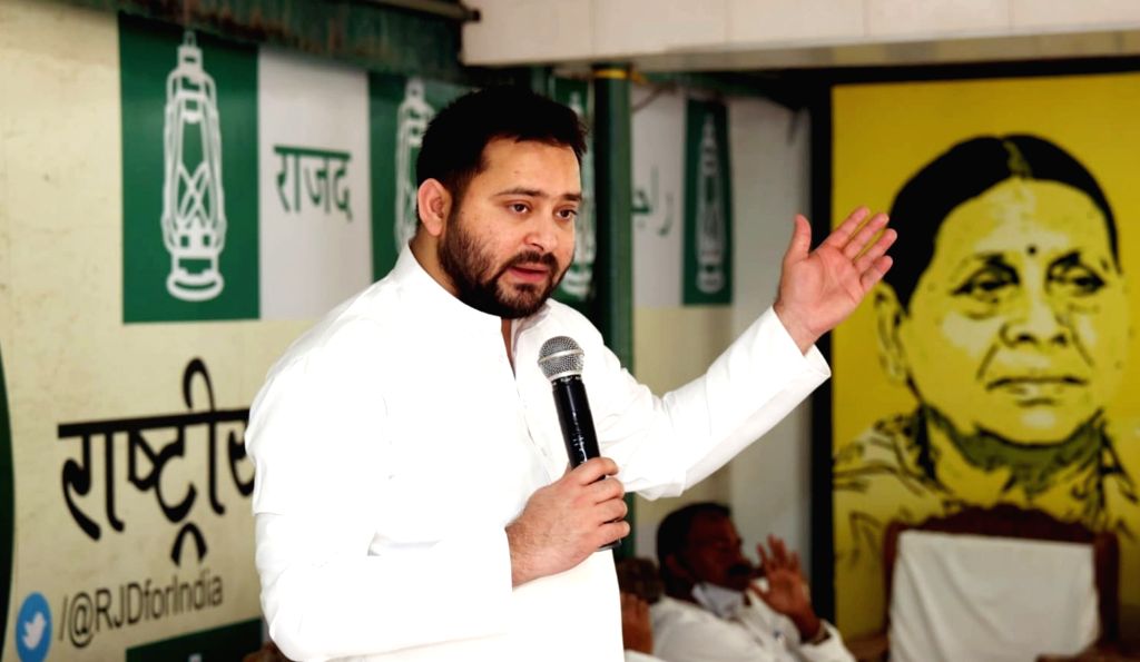 Rashtriya Janata Dal leader Tejashwi Prasad Yadav addresses party