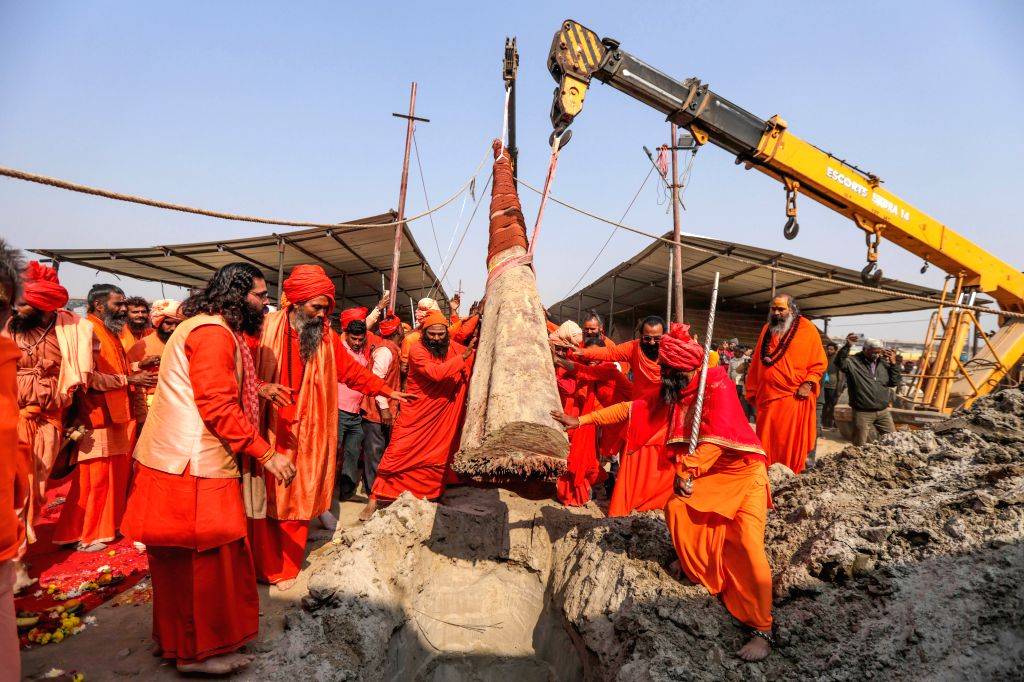 Sadhus perform rituals during the Bhumi Pujan ceremony of Maha Nirvani ...