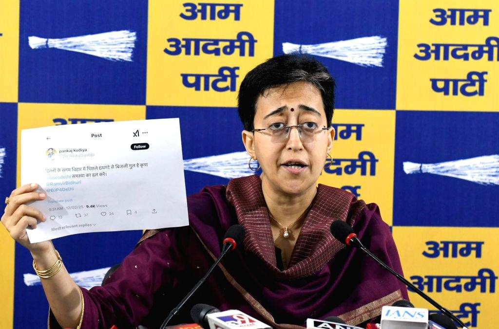 Senior AAP leader and outgoing Delhi CM Atishi addresses a press conference