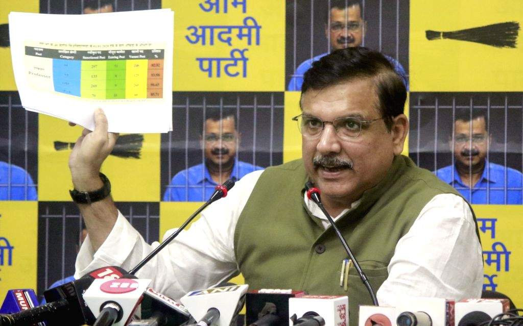 Senior AAP leader and Rajya Sabha member Sanjay Singh addresses a press ...