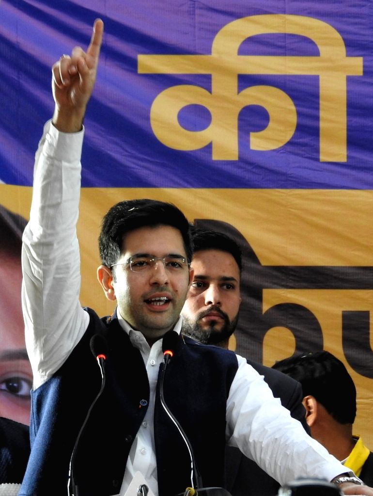 New Delhi : MP Raghav Chadha addressing during an election campaign for ...