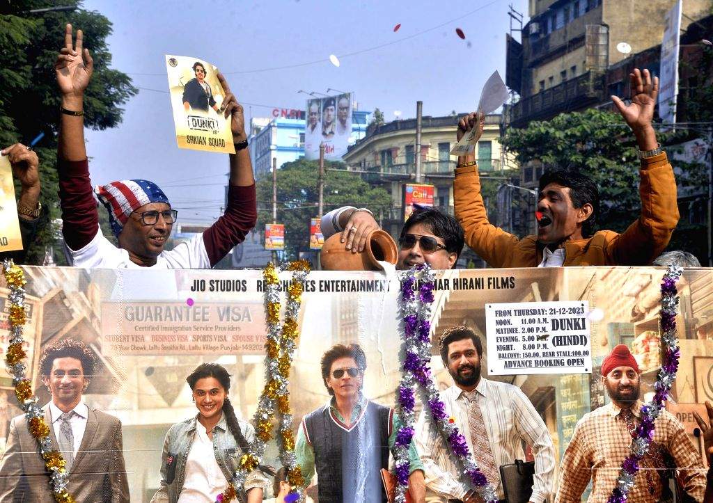 Shah Rukh Khan fans celebrate the release of his film 'Dunki