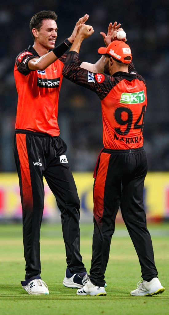 Knight Jansen SRH bowler Marco Jansen celebrates after taking the wicket of KKR's ...