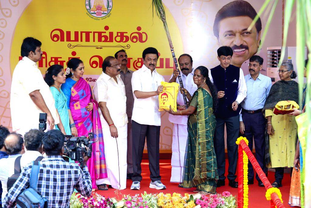Tamil Nadu Chief Minister M.K. Stalin presents a Pongal gift hamper to ...