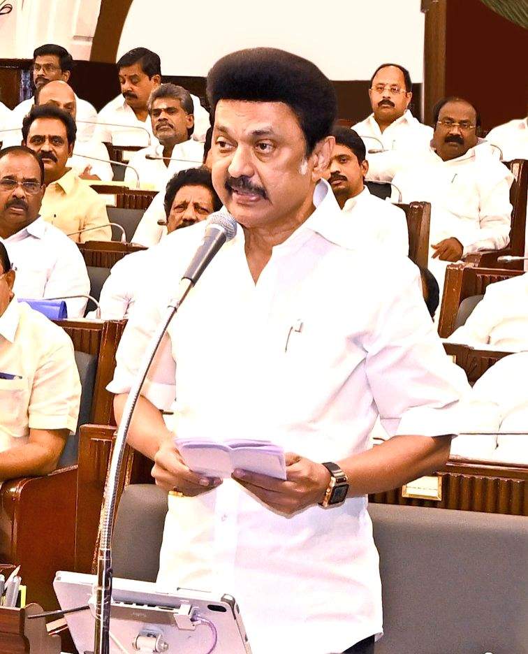 Tamil Nadu Chief Minister M K Stalin speaks during the Tamil Nadu Assembly
