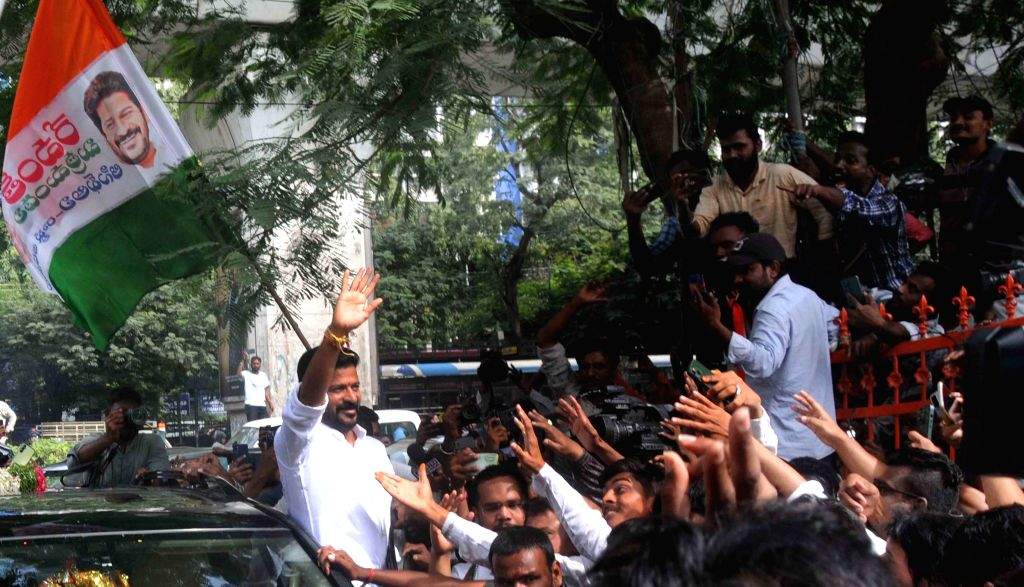 Telangana Congress Ravanth Reddy Telangana Congress chief A. Revanth Reddy with party workers and ...