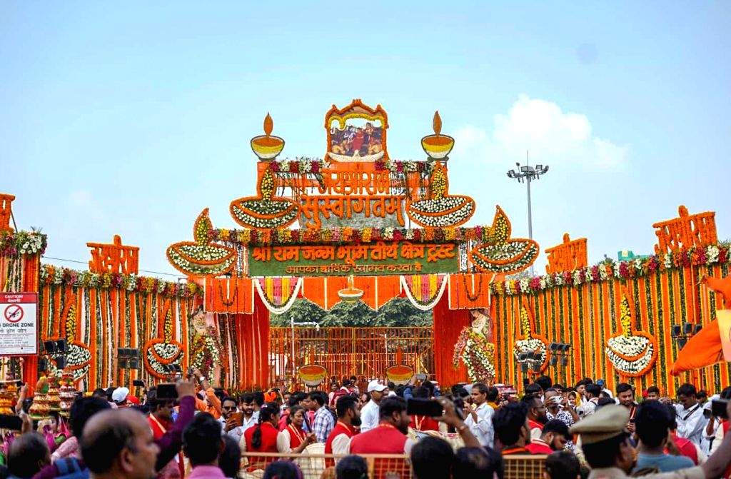 The entrance of the Shri Ram Janmabhoomi Temple is adorned ahead of the ...