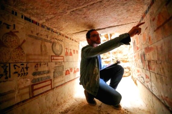 The mural painting in an ancient tomb uncovered in the Saqqara ...