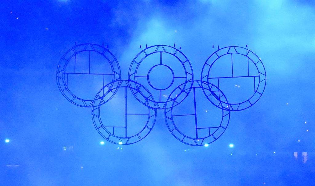 The Olympic rings are raised during the closing ceremony of the 2024 ...