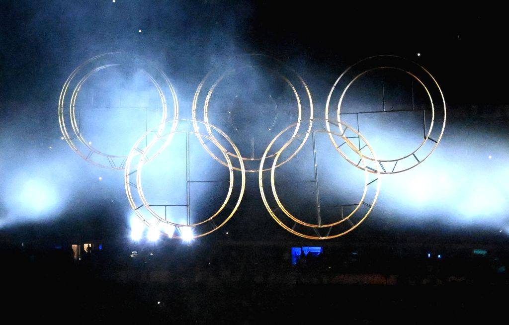 The Olympic rings are raised during the closing ceremony of the 2024 ...