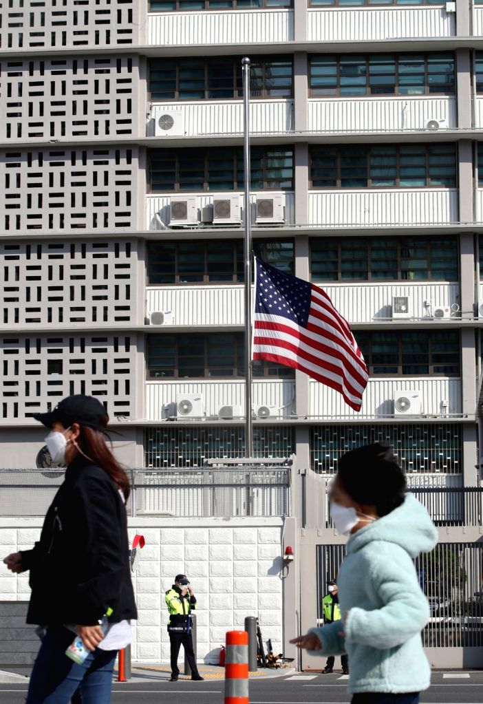 : Seoul :The U.S. Embassy in Seoul flies the national flag at half-staff,