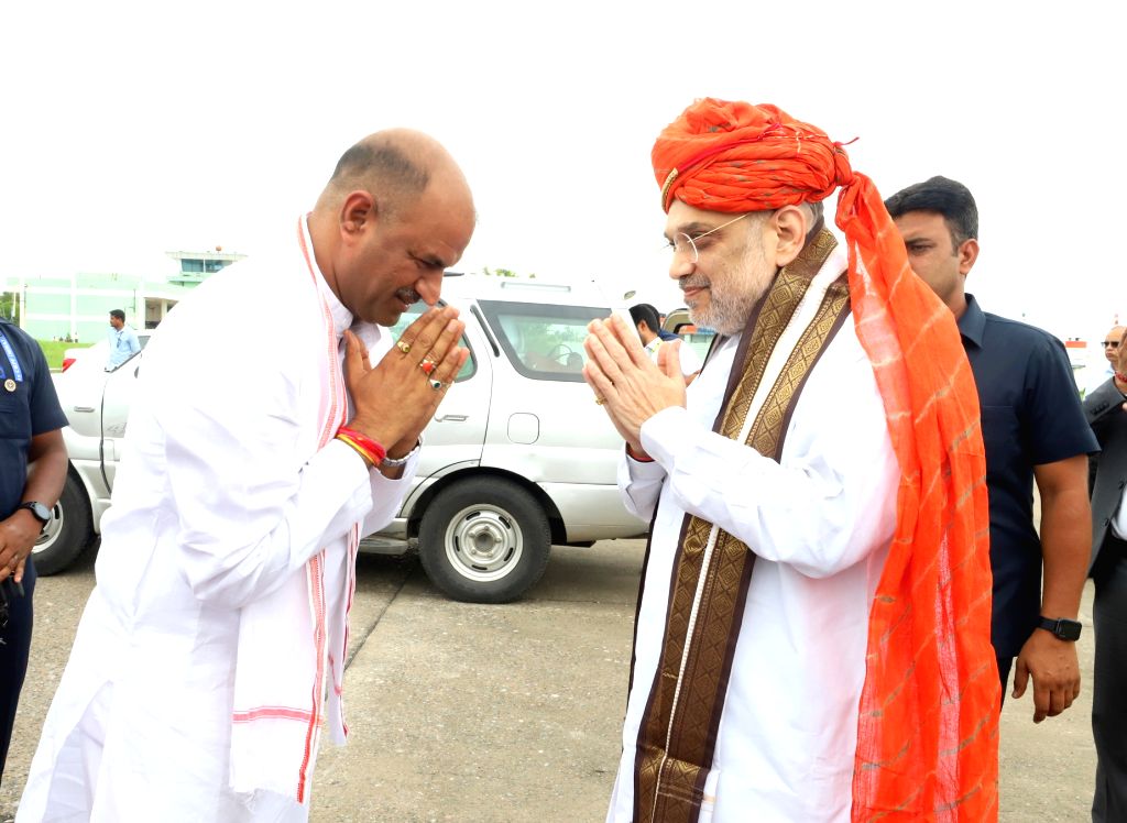 Union Home Minister Amit Shah being welcomed upon his arrival in Udaipur