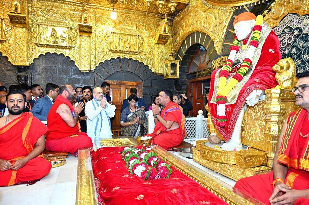 Union Home Minister Amit Shah offers prayers at the Sai Baba temple