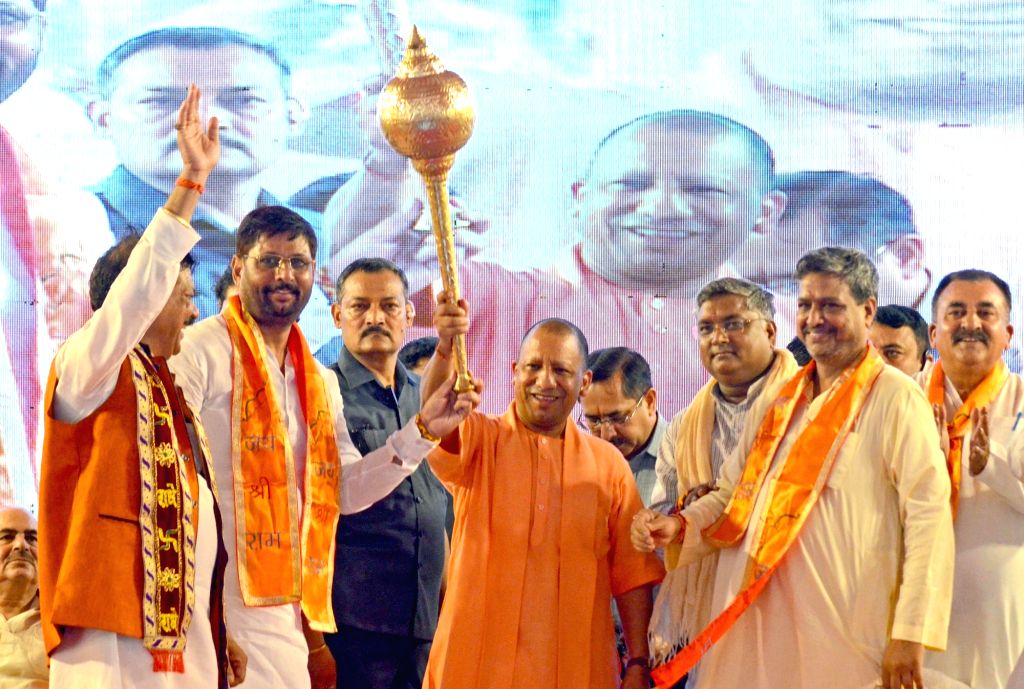 Uttar Pradesh Chief Minister Yogi Adityanath being felicitated during a ...