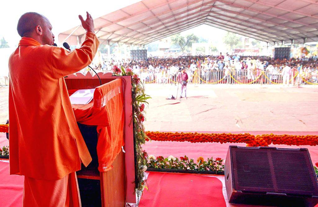 Uttar Pradesh Chief Minister Yogi Adityanath attends a public meeting ...