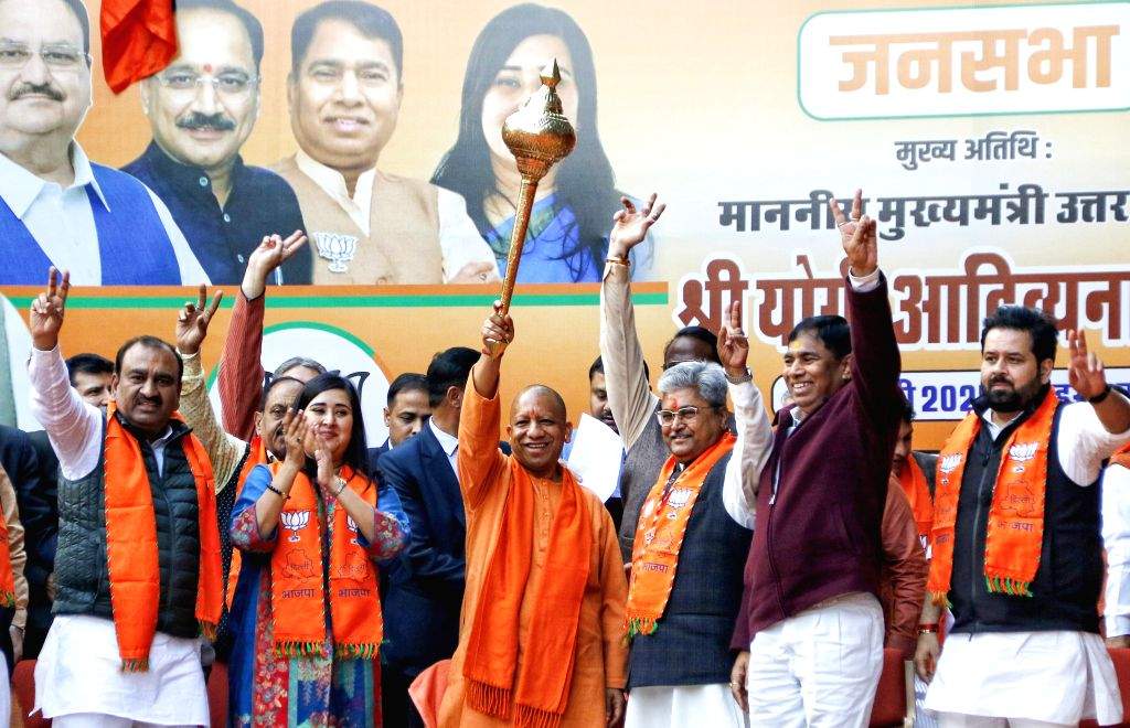 Uttar Pradesh Chief Minister Yogi Adityanath attends a public meeting ...