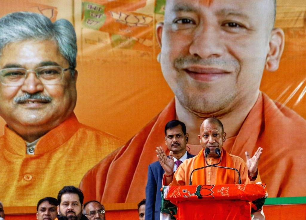 Uttar Pradesh Chief Minister Yogi Adityanath attends a public meeting ...