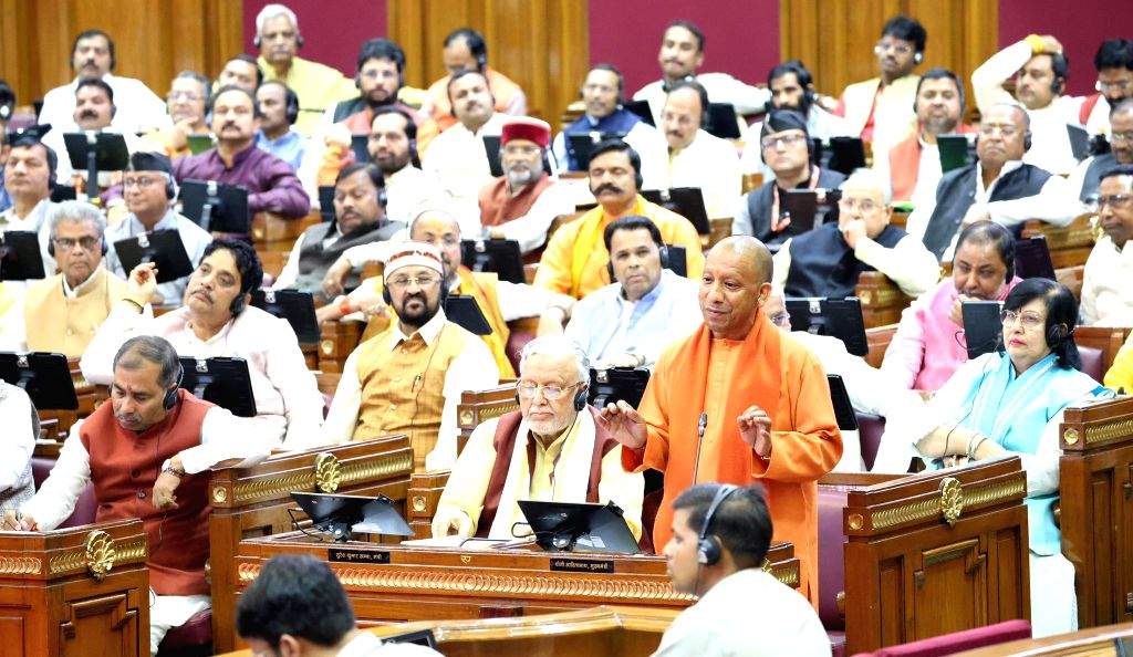Uttar Pradesh Chief Minister Yogi Adityanath speaks during the budget ...