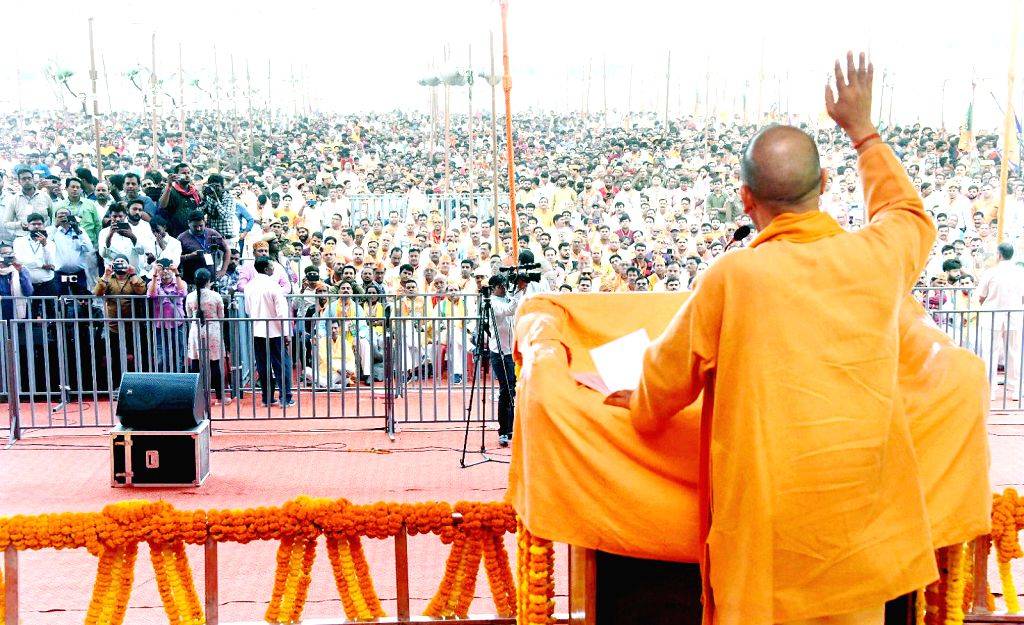 Uttar Pradesh CM Yogi Adityanath attends an election rally in the Majhawan