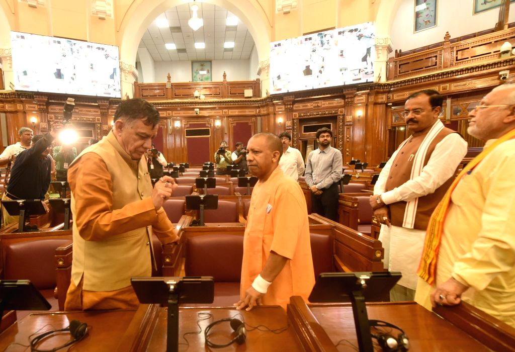 Uttar Pradesh CM Yogi Adityanath inspects as tablets set up on each desk